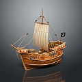 Wooden Sailing Ship Model With White Sails Pirate Flag And Barrels On Deck