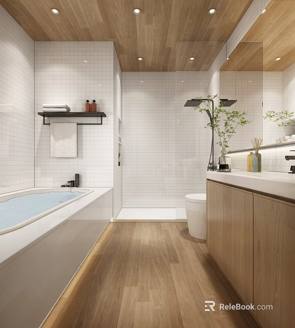 Modern Bathroom Interior With White Tiles Wooden Flooring Bathtub Toilet Vanity Mirror And Green Plant 3d model 