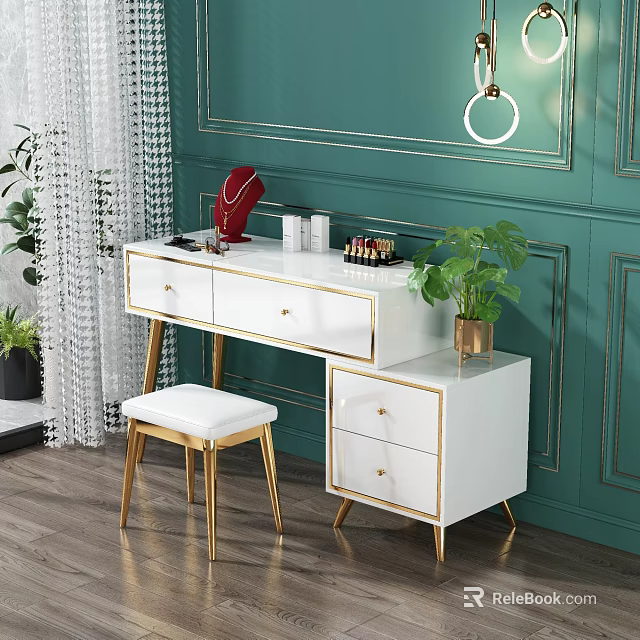 Modern White Dressing Table With Gold Legs Vanity Stool Cosmetics Potted Plant And Green Wall 3d model 