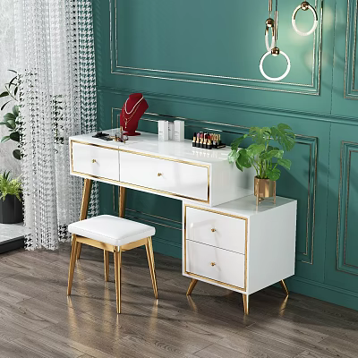 Modern White Dressing Table With Gold Legs Vanity Stool Cosmetics Potted Plant And Green Wall 3d model