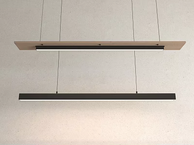 Modern Long Strip Pendant Lights With Wooden And Black Finish Hanging From Ceiling 3d model