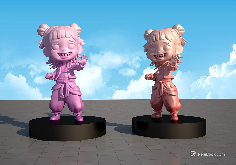 Cartoon Sculptures with Double Buns in Traditional Clothing on Black Bases and Blue Sky Clouds 3d model 