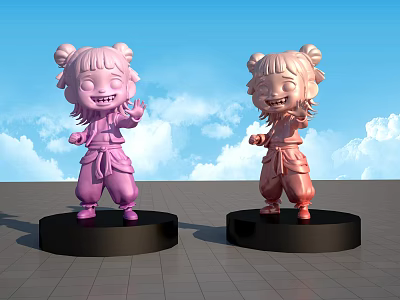Cartoon Sculptures with Double Buns in Traditional Clothing on Black Bases and Blue Sky Clouds 3d model