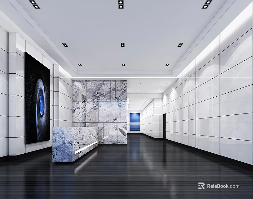Modern Reception Area With Marble Desk White Wall Panels And Decorative Painting 3d model 