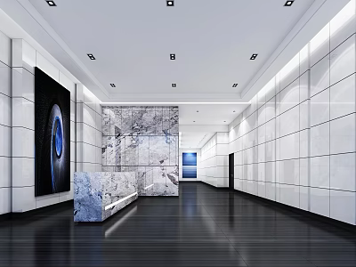 Modern Reception Area With Marble Desk White Wall Panels And Decorative Painting 3d model