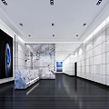 Modern Reception Area With Marble Desk White Wall Panels And Decorative Painting