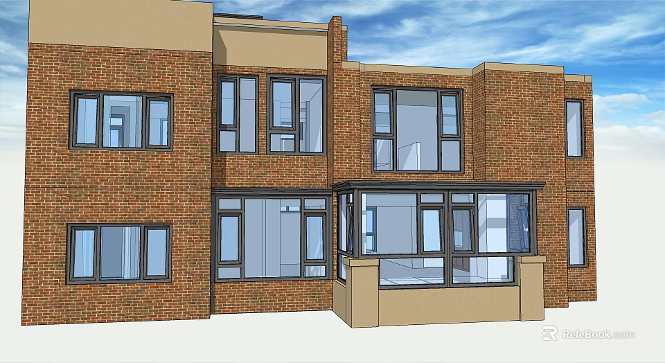 Detached Villa With Red Brick Exterior Large Windows And Glass Porch 3d model 