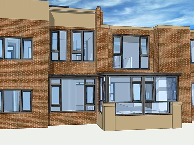 Detached Villa With Red Brick Exterior Large Windows And Glass Porch 3d model