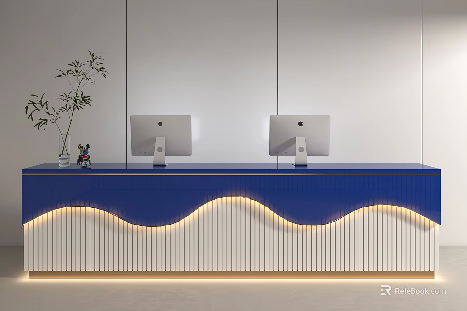 Modern Store Front Desk With Blue Counter Dual Computers And Decorative Plant 3d model