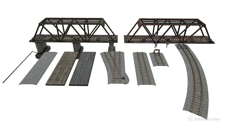 Train Tracks And Metal Truss Bridges With Various Rail Sections And Curved Rails 3d model 