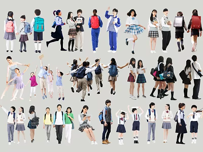 Group Of Multiple People In Various Poses Actions And Different Outfits With Backpacks 3d model