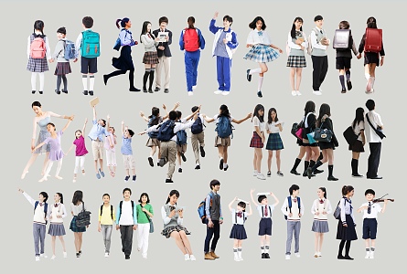 Modern Multiplayer Asian Student Characters Chinese School Uniform Students Children Teenagers Young Men and Women 3d model