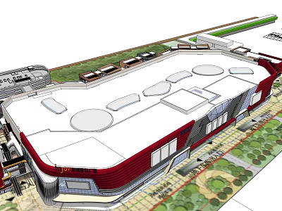 Modern Commercial Complex Featuring Red And White Facade Circular Roof Structures And Landscaped Surroundings 3d model
