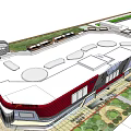 Modern Commercial Complex Featuring Red And White Facade Circular Roof Structures And Landscaped Surroundings