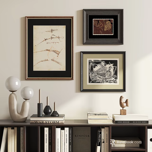 Framed Abstract Paintings Displayed on Wall with Decorative Books Lamps and Sculpture 3d model 