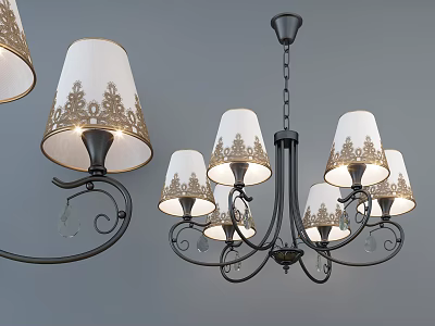 Elegant Classic Chandelier with White Lampshades Gold Patterns Metal Frame and Crystal Pendants 3d model