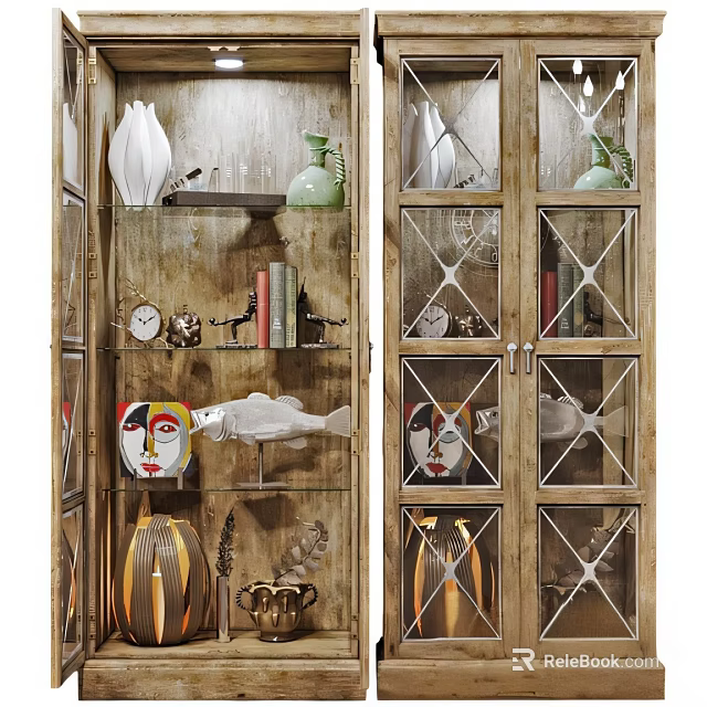 Wooden Showcase Shelf With Glass Doors And Decorative Items On Shelves 3d model 