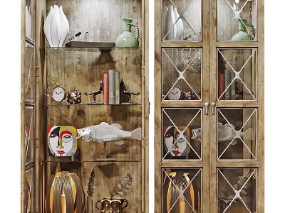 Wooden Showcase Shelf With Glass Doors And Decorative Items On Shelves 3d model