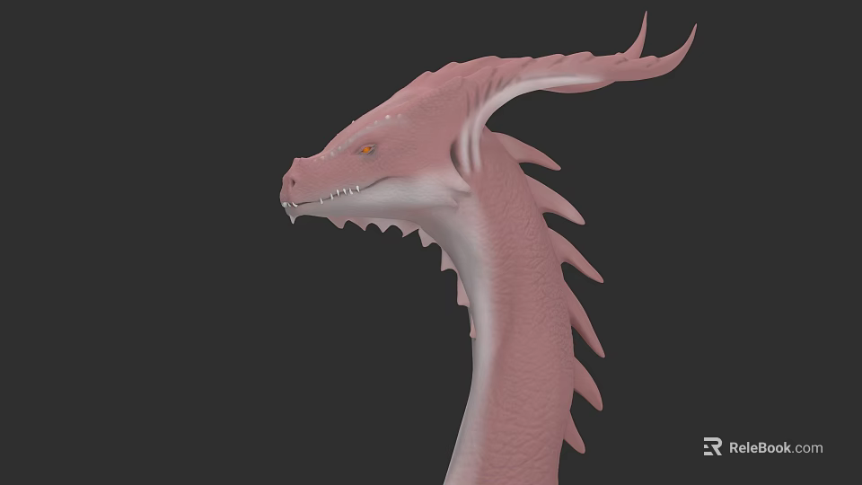Pink Reptile Dragon Head With Neck Spikes And Orange Eyes 3D Model On Black Background 3d model 