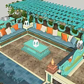 Turquoise Carved Pergola With Colorful Cushions And Green Plants In Outdoor Space
