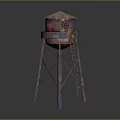 Rusty Metal Water Tower With Ladder Small Roof And Red Graffiti 3d model