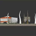 Model Scene With Green Vehicle Solar Panel Roof Building Grassy Ground And White Tree Trunks