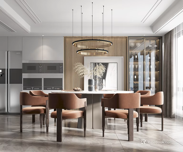 Modern Round Dining Table Set With Brown Chairs And Hanging Pendant Lights 3d model