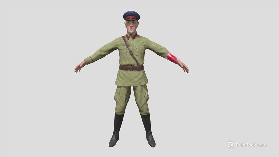 Man in Green Military Uniform with Red Armband and Cap Standing with Outstretched Arms 3d model 