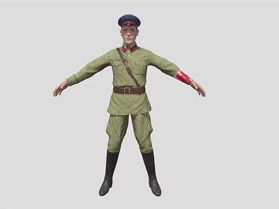 Man in Green Military Uniform with Red Armband and Cap Standing with Outstretched Arms 3d model