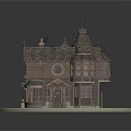 Cartoon Style Fantasy House With Towers Curved Roof Round Windows And Wooden Steps On Circular Base