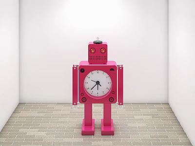 Pink Robot Shaped Decorative Clock In White Room With Brick Patterned Floor 3d model