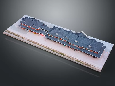 Traditional Roof Commercial Building Complex Featuring Long Connected Layout And Red Decorations 3d model