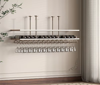 Modern Wall Mounted Wine Rack With Bottle Storage And Glass Hanging Design 3d model