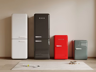 Four Stylish Modern Refrigerators in White Black Red Gray Colors for Home Kitchen 3d model