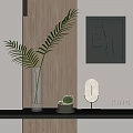 Clear Glass Vase With Long Palm Leaf And Small Cactus Pot On Wooden Wall Shelf