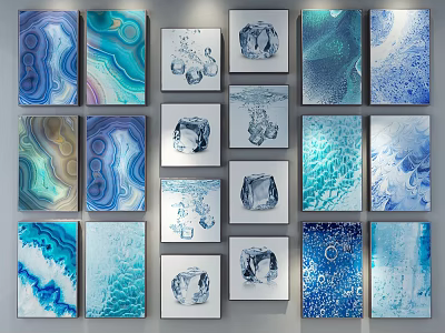Blue Abstract Art Paintings With Wave Ice Marble Textures On Wall 3d model