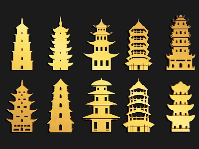Golden Chinese Pagoda Wall Decor In Various Stylish Designs For Home Decoration 3d model