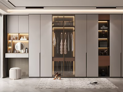 Modern Wardrobe With Glass Door Interior Hanging Clothes Lighting Dressing Table Stool And Rug 3d model