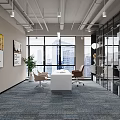Modern Office Interior With White Chairs Long Table Wall Posters Hanging Lights And Green Plants