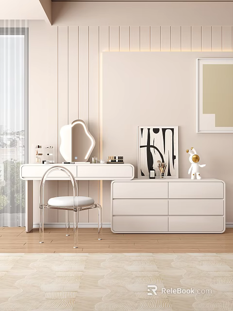 Bright Bedroom With White Vanity Chair Dresser Decorative Painting And Stuffed Toy 3d model 
