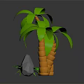 Cartoon Tropical Scene With Green Palm Trees Orange Trunks Small Plants And Gray Stones