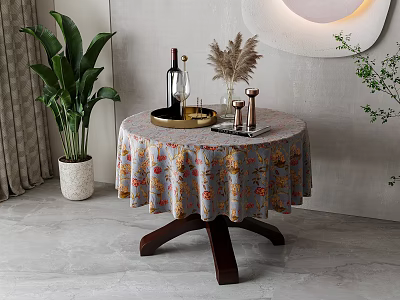Round Dining Table With Floral Tablecloth Tray Wine Bottle Glass And Pampas Grass Decoration 3d model