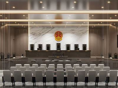 Formal Courtroom Interior With Judge Bench Audience Seats Bright Lighting And National Emblem 3d model