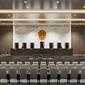 Formal Courtroom Interior With Judge Bench Audience Seats Bright Lighting And National Emblem