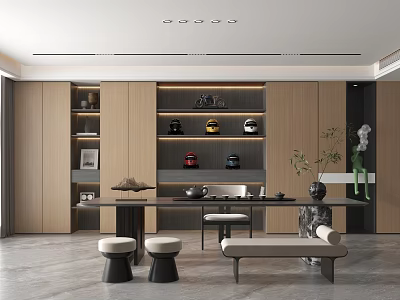Modern Study Room Interior With Wooden Bookshelves Decorative Items And Long Table 3d model