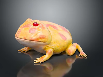 Realistic Yellow Reptile with Pink Spots and Red Eyes on Reflective Surface 3d model