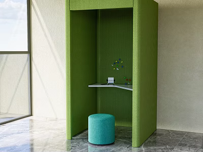 Green Sofa Booth Interior With Blue Round Stool And Small Table 3d model