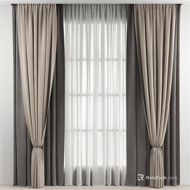 Elegant Beige Velvet Curtains With White Sheer Window Panels And Tiebacks 3d model 
