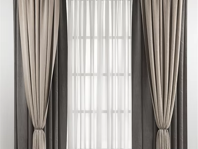Elegant Beige Velvet Curtains With White Sheer Window Panels And Tiebacks 3d model