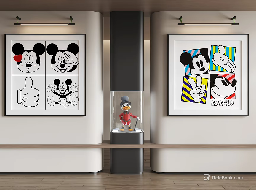 Abstract Paintings Featuring Mickey Mouse Various Expressions Gestures Colorful Striped Background and Display Case Figurine 3d model 